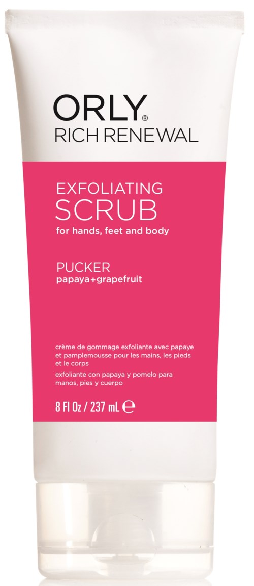 En vit och rosa tub med exfolierande skrubb från ORLY för händer, fötter och kropp, doft av papaya och grapefrukt.