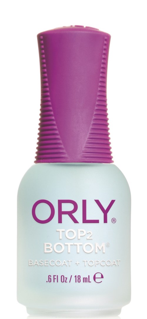 Nagellacksflaska med vita och lila färger, märkt ORLY, för bas- och topplack. Enkel design.