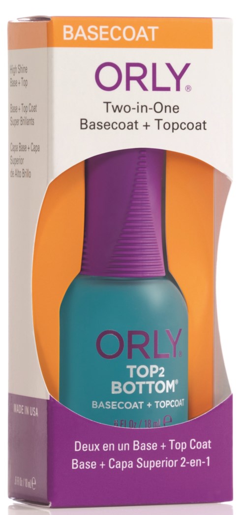 En box som visar en nagellacksprodukt märkt ORLY Top2 Bottom, med lila kork och blå flaska. Boxen beskriver en baslack och topplack.