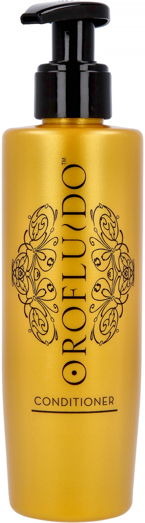 En guldfärgad flaska med svart pump märkt 'GROHEU DOG Conditioner' med dekorativa mönster.