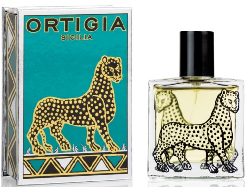 En parfymflaska och förpackning med en gul och svart prickig djur, och etiketten 'ORTIGIA SICILIA'.