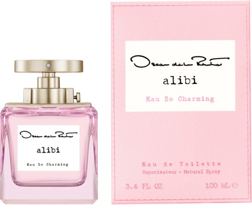 Różowa butelka perfum z złotą zakrętką i pasującym różowym pudełkiem, oznaczone 'alibi Eau So Charming'.