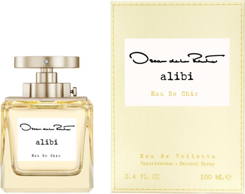 butelka perfum i pudełko z nazwą 'alibi' i 'Eau So Chic'.