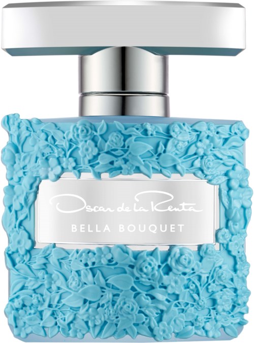 A light blue perfume bottle with 3D floral design, a silver cap, and white label with text.