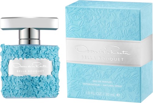 Blue bottle with floral texture and a box, both labeled 'Dolcetto Renta Bella Bouquet' perfume.
