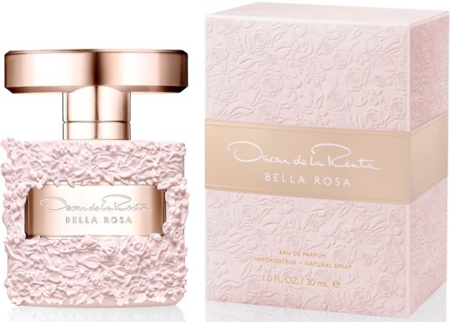 Różowa butelka perfum z teksturą i pasującym pudełkiem, oznaczone 'Oscar de la Renta Bella Rosa'.