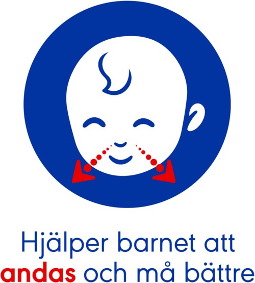 En blå och vit guide visar hur man hjälper ett barn att andas och må bättre.