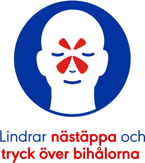 A logo showing a face with nose and cheeks marked in red, telling to press on the cheeks.