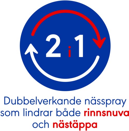 Cirkulär medicinsk symbol med blå bakgrund, visar två pilar och svensk text om våtspray mot smärta.