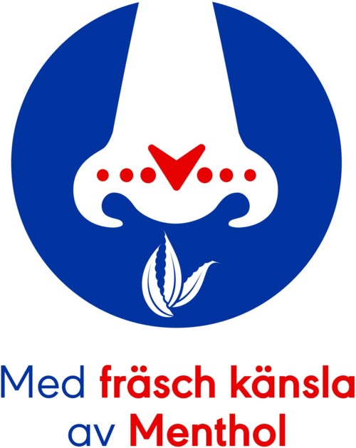 En logotyp med blå cirkel, vit näsa, röda punkter och text om fräsch känsla och menthol.