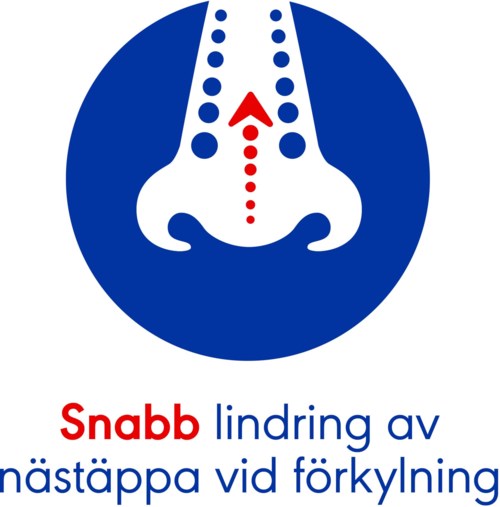 En logo med en näsillustration och pilar som visar snabb lindring från en förkylning.