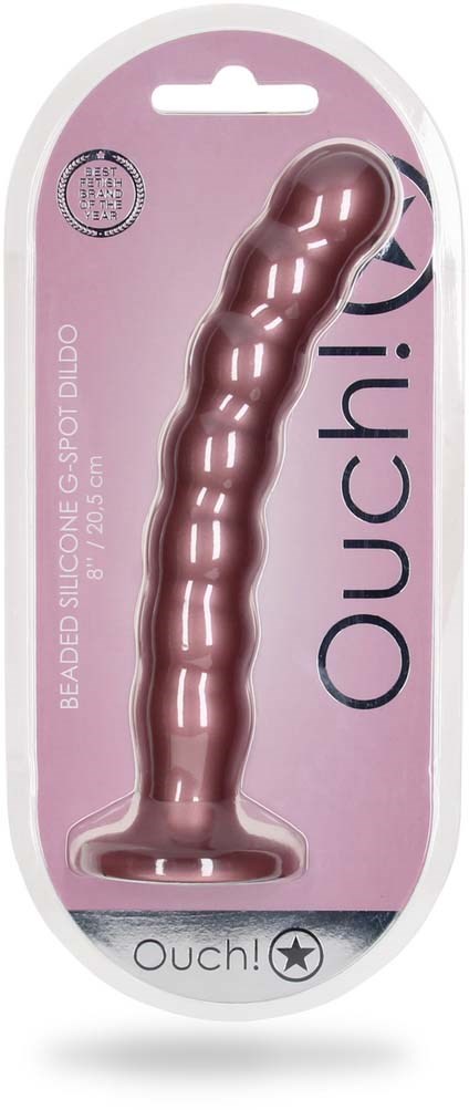 Perłowy dildo silikonowy i punktowy w różowym opakowaniu, z napisem "Ouch!" i gwiazdkowym logo.