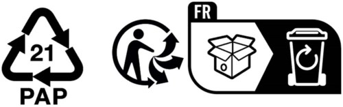 Symbol recyklingu dla plastiku, osoba wyrzucająca odpady, francuskie opakowanie i symbol recyklingu, kubek z recyklingiem.