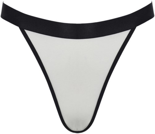 En vit trosor med svart midja. Enkel design, trattform, inga extra detaljer eller dekoratioer.