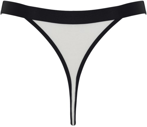 En vit trosa med svart midjeband och svart kant, designad som dams underkläder eller lingerie.