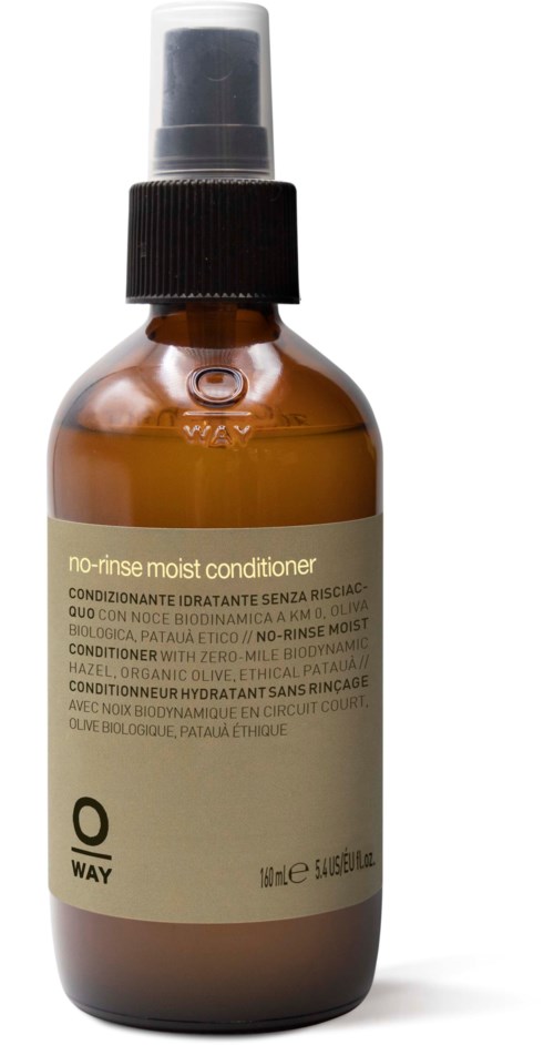 A brown spray bottle with a black spray nozzle, labeled as no-rinse moist conditioner for hair.