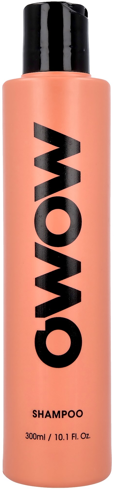 En lang aprikosfarget sjampo-flaske med fet svart tekst som sier "WOW" og mindre tekst under.