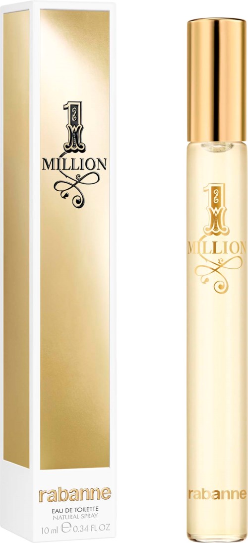 A perfume bottle with a gold cap and a matching gold box labeled 1 Million by Rabanne.