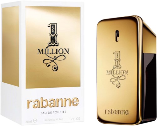 Een goudkleurige parfumfles en doos met zwarte en gouden tekst die '1 Million' en 'Rabanne' zegt.