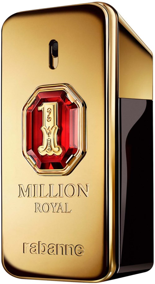 A gold and black perfume bottle labeled 'Million Royal' with a large red gem design on the front.
