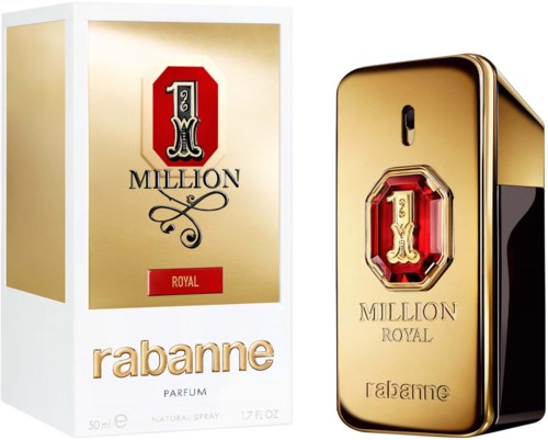 A perfume bottle and box with gold, red, and black colors, labeled '1 Million Royal' by Rabanne.