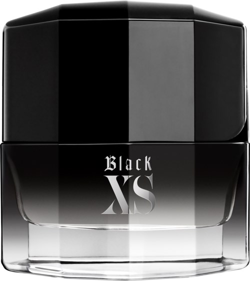 Ett svart och genomskinligt glasburk märkt "Black XS" med svart lock, avsett för parfym eller kosmetika.