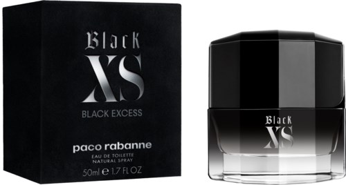 En parfyllflaska med svart parfym och förpackning märkt "Black XS Black Excess" av Paco Rabanne.