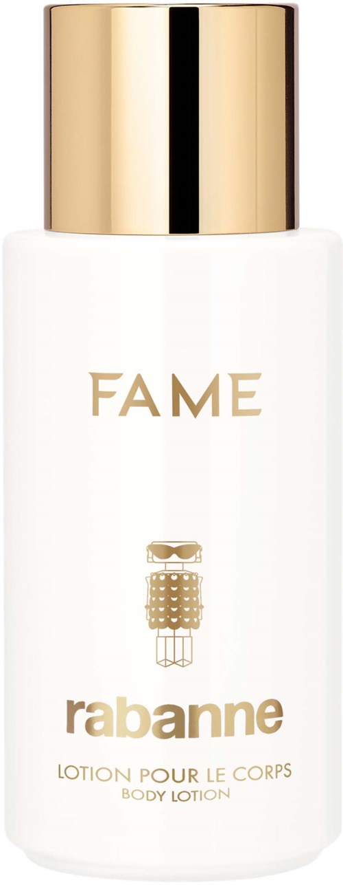 Een witte bodylotionfles met gouden dop, met 'FAME' en 'rabanne' erop, met kleine illustraties en tekst.