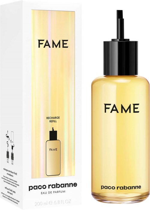 Een parfumfles met "FAME" van Paco Rabanne, met een refill doos ernaast.