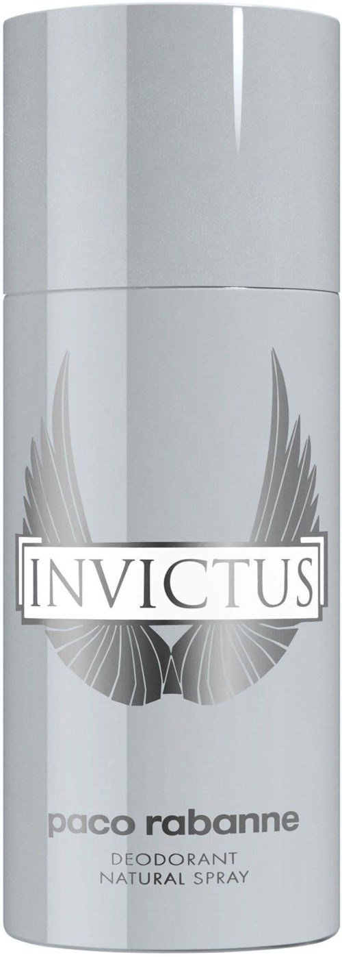 Een witte deodorant spraybus met een grijs vleugelontwerp en de woorden 'Invictus'.