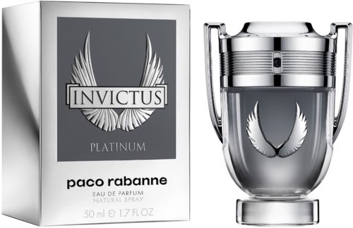 A perfume box and bottle with wings and the word 'Invictus' on the label, promoting a men's scent.