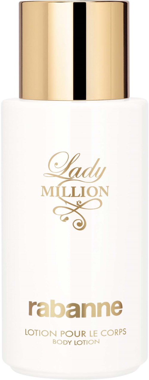 Een witte fles met gouden dop, gelabeld "Lady Million" en "Rabanne," is een bodylotion container.