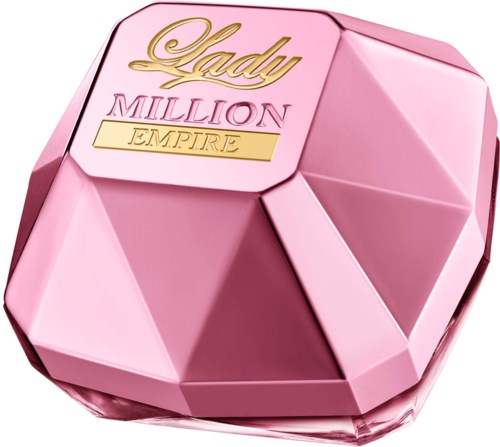Eine rosa, jalouisenartige Schachtel mit goldener und rosa Schrift "Lady Million Empire."
