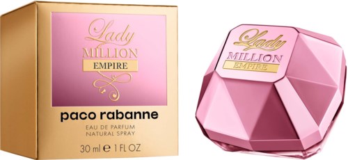 Lady Million Empire Parfümverpackung und Flasche sind rosa mit goldenen Details und schwarzem Text.
