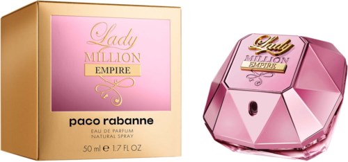 En parfueboks og flaske mærket Lady Million Empire af Paco Rabanne, i pink og guld farver.