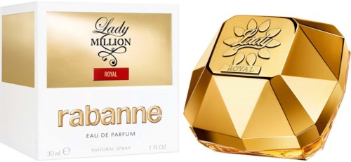 Een parfumfles en doos, goud- en wit ontwerp, met de woorden "Lady Million" en "Rabanne" op de doos.