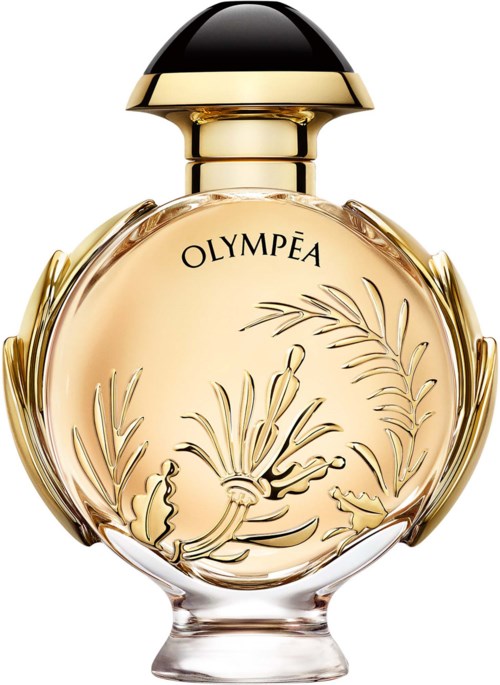 Een parfumfles met gouden details, bloemmotieven en de tekst "OLYMPEA".