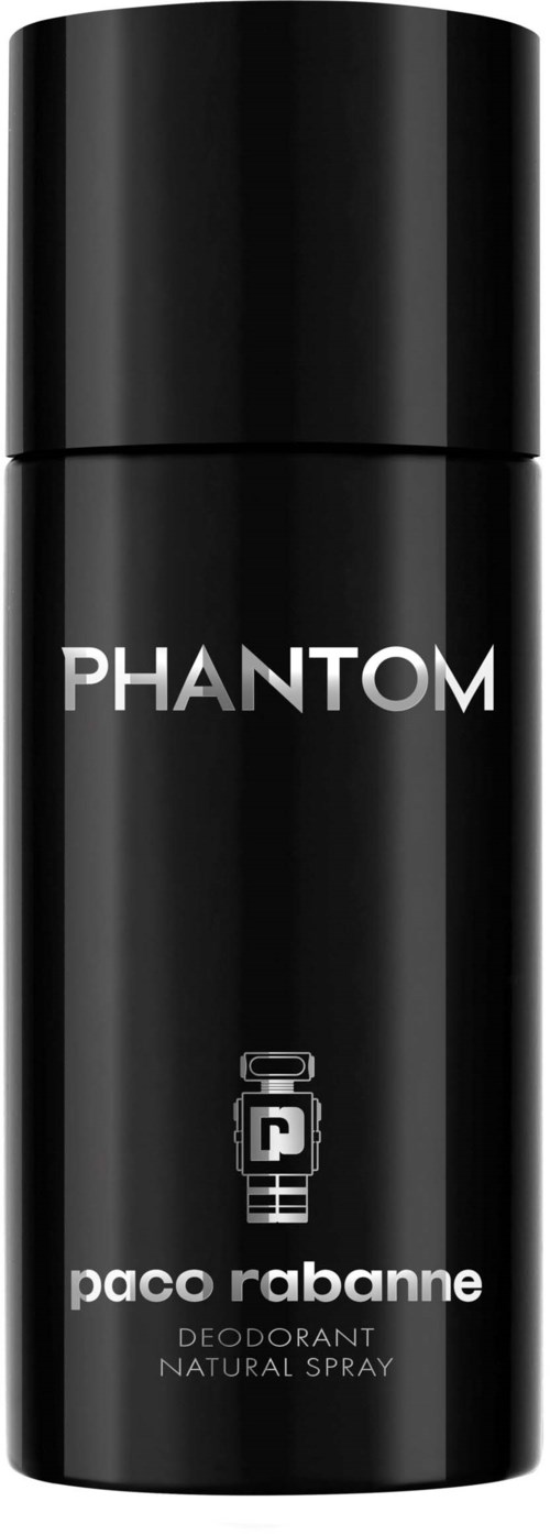 Een zwarte deodorantenspuitbus met witte tekst: Phantom, Paco Rabanne, natuurlijk spray.
