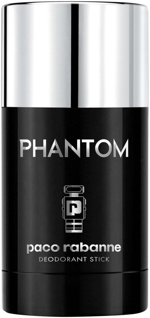 En svart deodorantstift med sølvdeksel, merket 'PHANTOM' og 'paco rabanne'.