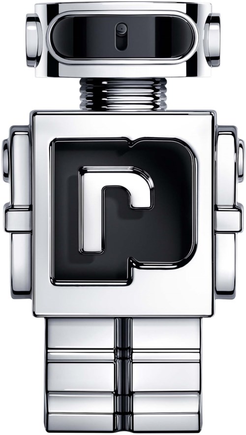 En robot med rektangulär kropp, rund huvud och armar; har ett svart 'P' på bröstet.