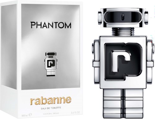 En parfyllflaska och ett box för Rabanne Phantom med robotdesign på flaskan.