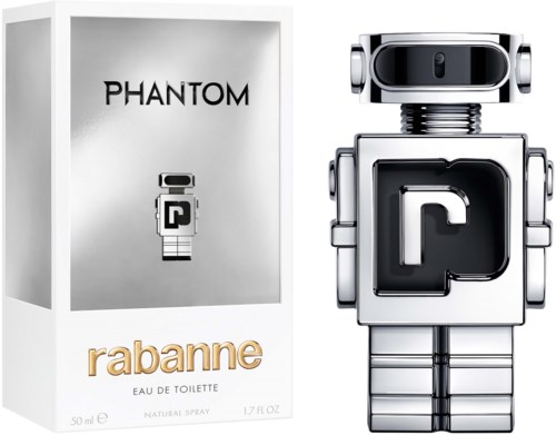 Een zilveren robot-speelgoed met de letter 'P' op de borst, naast een doos voor 'PHANTOM' door Rabanne.