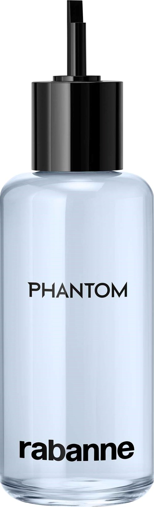 Een doorzichtige fles met zwarte spraydop, gemerkt 'Phantom' door Rabanne.