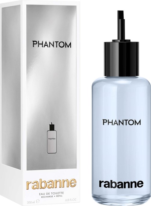 Een parfumfles en doos met 'Phantom' door Rabanne, met een zwart deksel en lichtgekleurde sprayfles.
