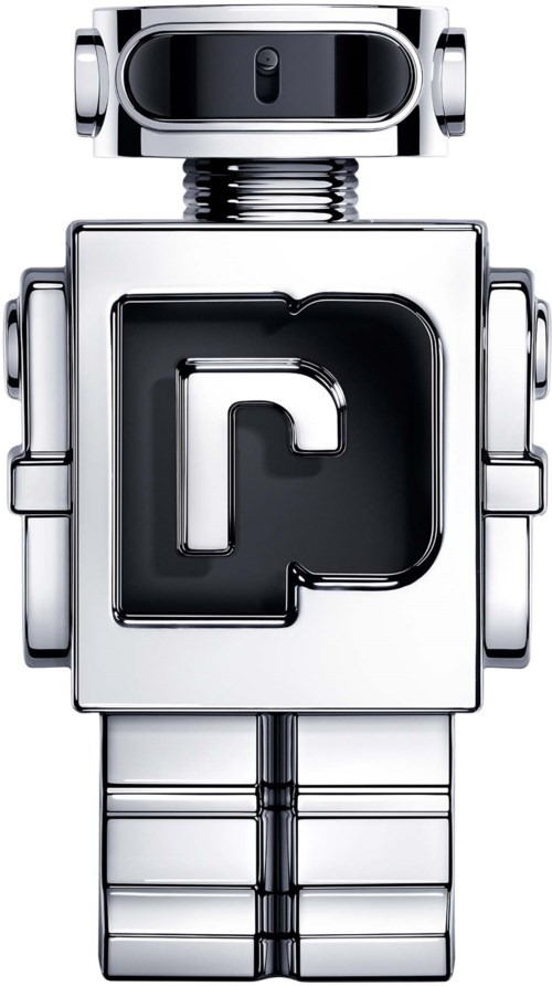 Een glanzende robot met een zwart gezicht, een vierkante lichaam en een letter 'P' op de borst.