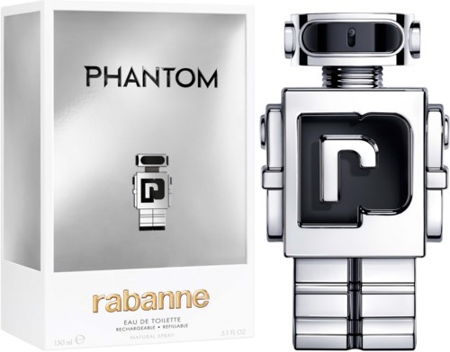 Een robotillustratie naast een doos met Phantom Rabanne parfum en een kleine robothandteken.