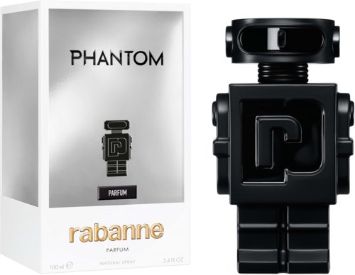 Een parfumfles met een robotfiguur naast de doos met label 'Phantom' en 'Rabanne.'
