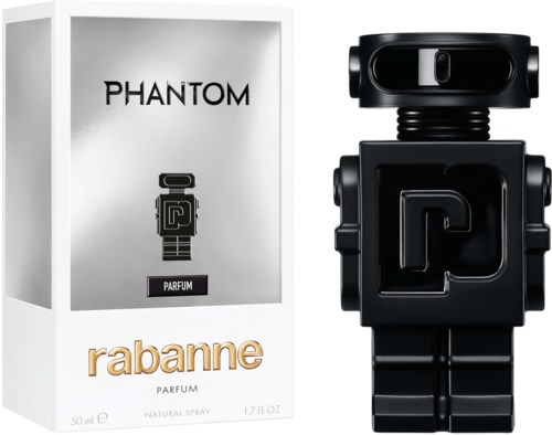 Een parfumdoos met 'Phantom' erop, met een robotfiguur en een zwart robotvormig parfumflesje ernaast.