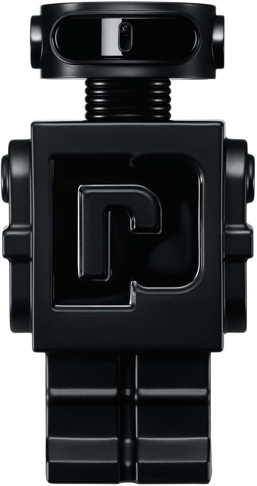 Een zwart robotachtig speelgoed met een vierkante lichaam, ronde hoofd en rechte benen, met logo op de borst.