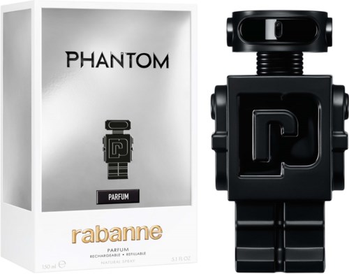 Een robotvormige parfumfles naast een witte doos met 'PHANTOM RABANNE PARFUM'.